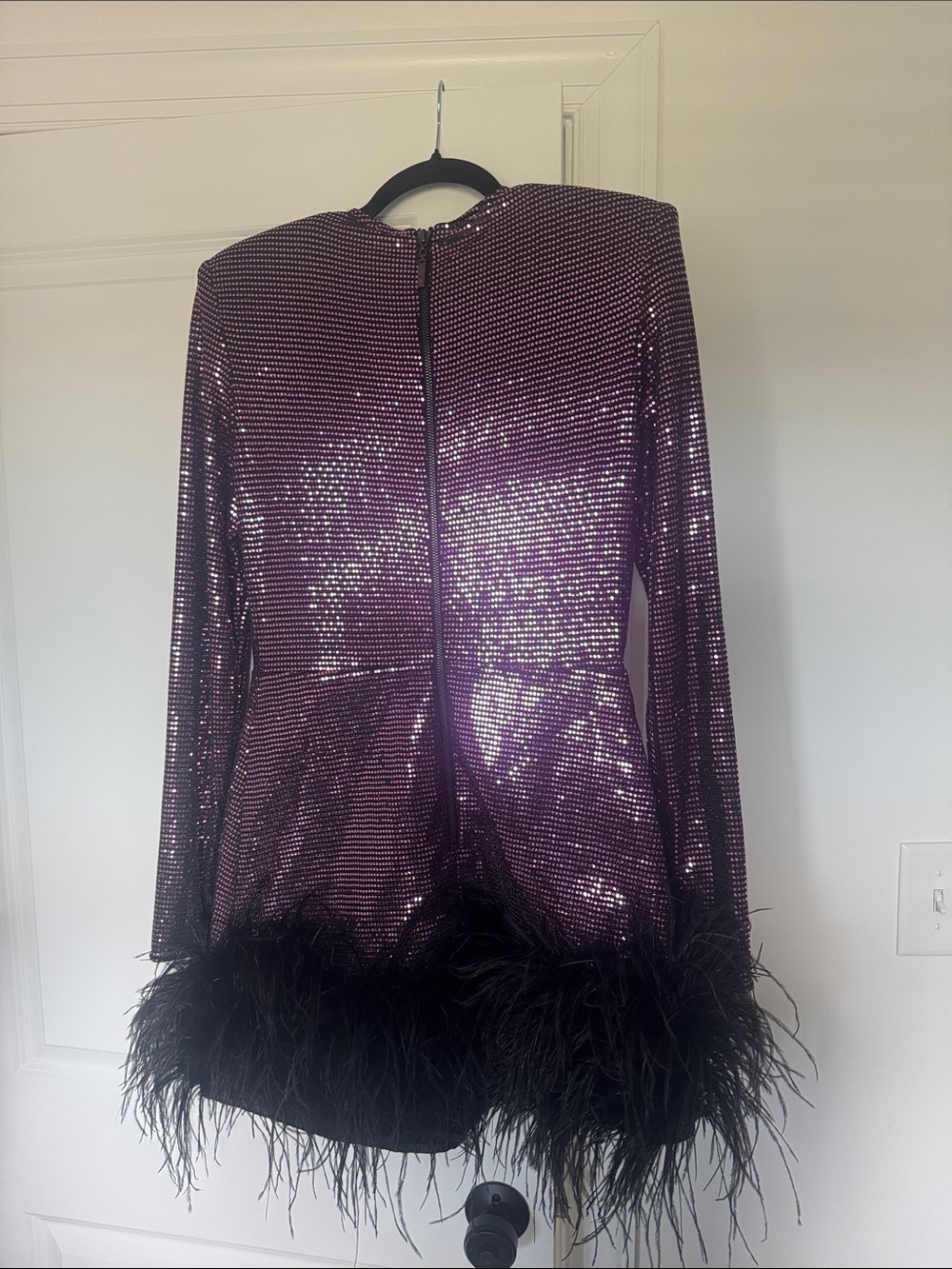 Bronx and Banco Purple Sequin Mini Dress with Black Feather Hem - Picture 8 of 11
